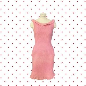 SOLD - Vtg 50’s 60’s Crochet Knit Wiggle Dress by Country Set Pink Barbiecore